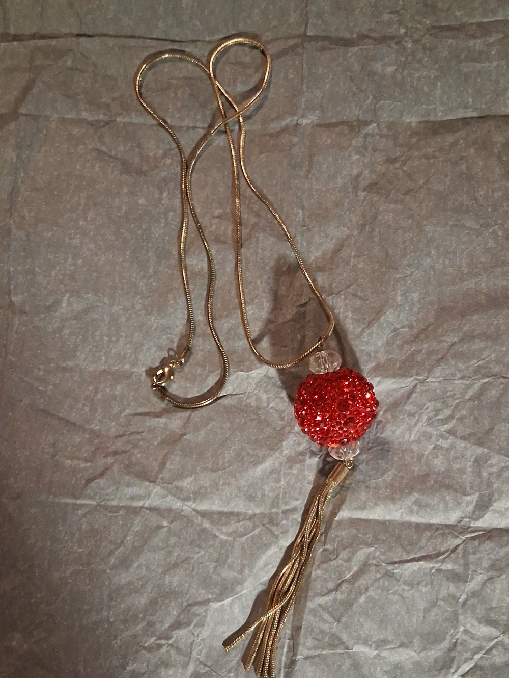 Vintage Gold Tone Chain Necklace with Red Beaded Tassel Pendant